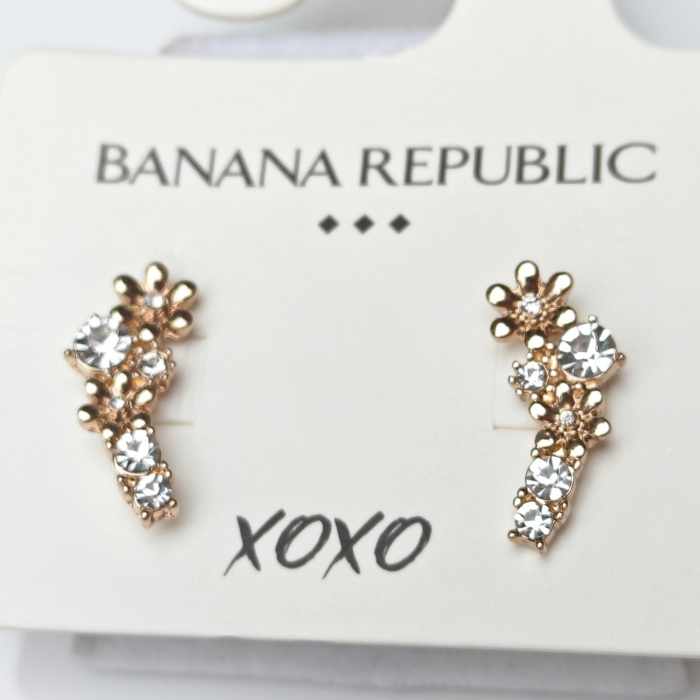 Banana Republic Gold Tone Floral Crystal Stud Crawler Earrings Flower Rhinestone
